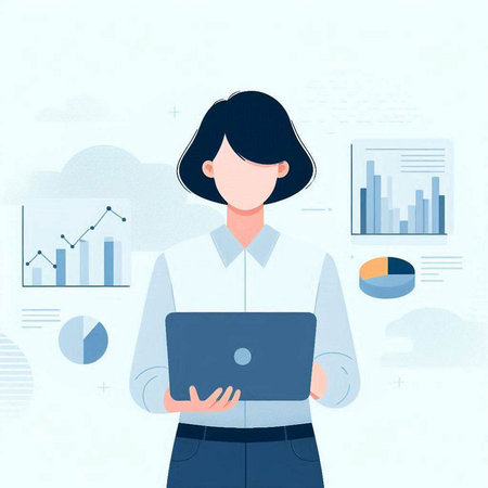 Business woman working with laptop. Vector illustration in flat cartoon style.のイラスト素材