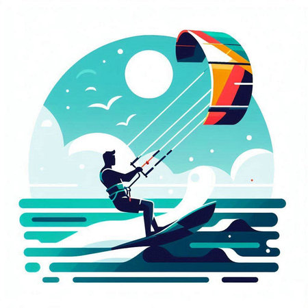 Kitesurfing. Windsurfer on the background of the sea. Vector illustrationのイラスト素材