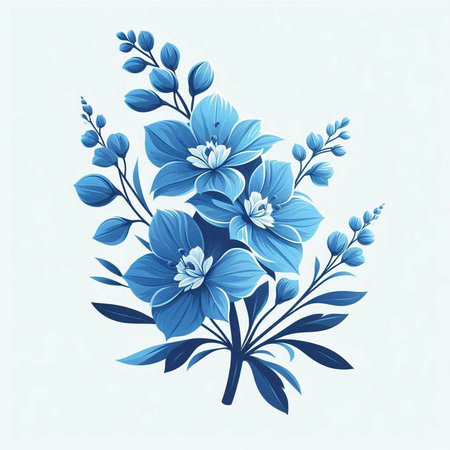 Blue floral background with blue flowers and leaves. Hand drawn vector illustration.のイラスト素材
