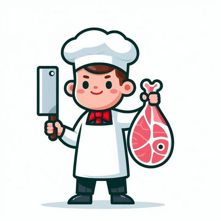 Chef holding meat and knife. Vector illustration in cartoon style.のイラスト素材