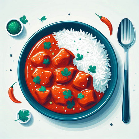 Rice with meatballs in tomato sauce on a plate. Vector illustration.のイラスト素材