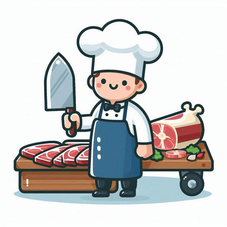 Chef with meat and knife. Vector illustration in cartoon style.のイラスト素材