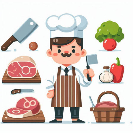 Chef character in uniform with meat and vegetables. Vector illustration.のイラスト素材
