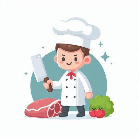 Chef with meat and vegetables. Vector illustration in cartoon style.のイラスト素材