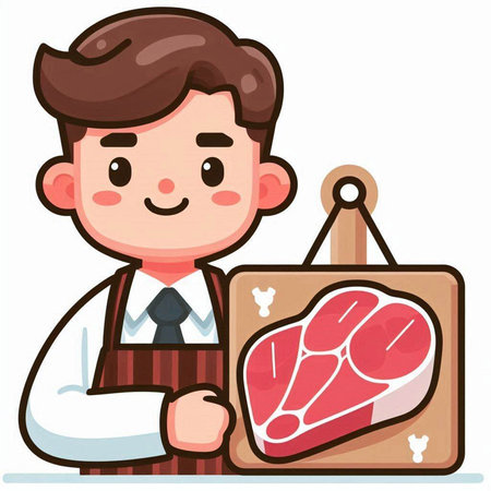 Butcher holding a signboard with steak. Vector clip art illustration.のイラスト素材