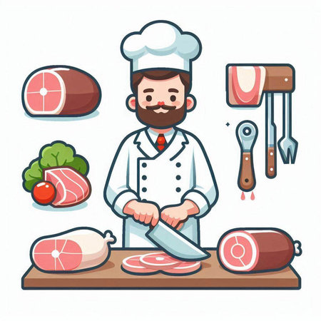 Chef with fresh meat and vegetables. Vector illustration in cartoon styleのイラスト素材
