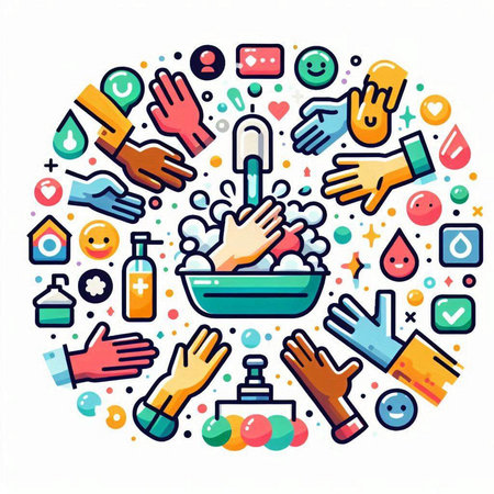 Vector illustration of washing hands with soap and detergent in circle shapeのイラスト素材