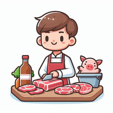 Vector illustration of a cartoon chef cutting meat on a cutting board.のイラスト素材