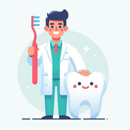Dentist with toothbrush and tooth. Vector illustration in cartoon styleのイラスト素材