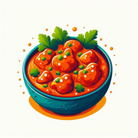 Meatballs in tomato sauce with parsley in a bowl. Vector illustration.のイラスト素材