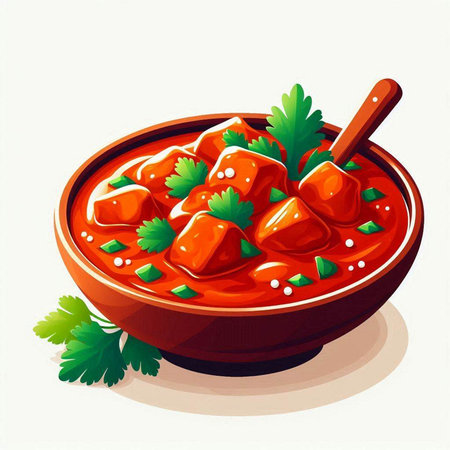 Vector illustration of a bowl of tomato sauce with parsley and spoonのイラスト素材