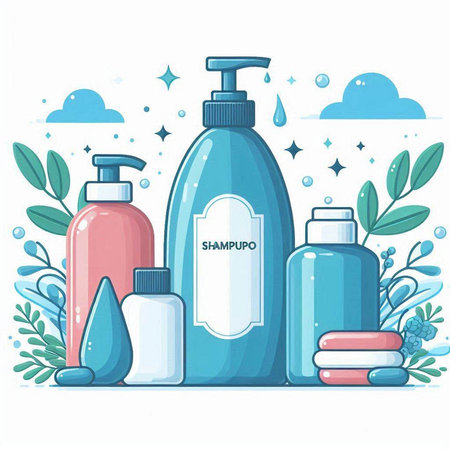 Vector illustration of cosmetic products for skin care. Shampoo, gel, lotion, cream, lotion, shampoo, shower gel, liquid soap.のイラスト素材
