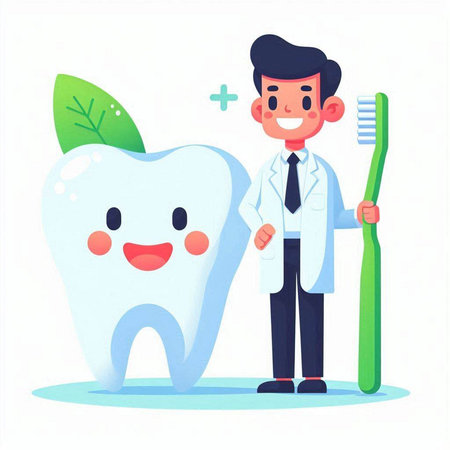 Cute cartoon dentist with tooth and toothbrush. Vector illustration.のイラスト素材