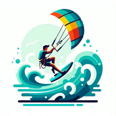Man kitesurfing on the waves. Vector illustration in flat styleのイラスト素材