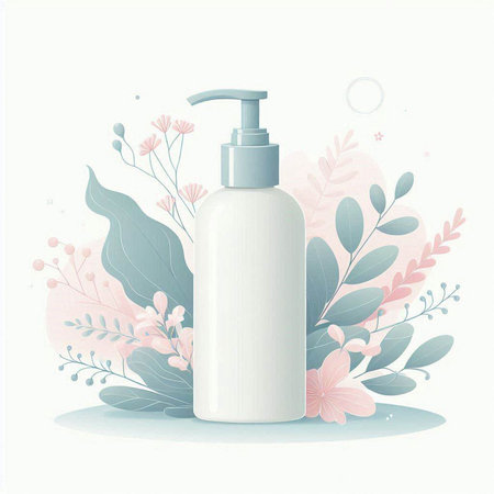 Cosmetic bottle with dispenser on floral background. Vector illustration.のイラスト素材