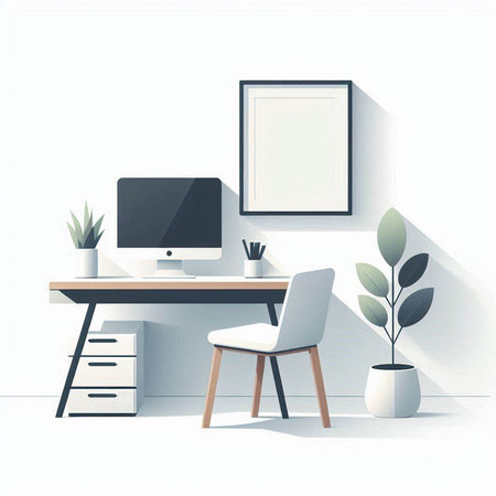 Interior of modern office with white walls, concrete floor, computer table, chair and plant. 3d renderingのイラスト素材