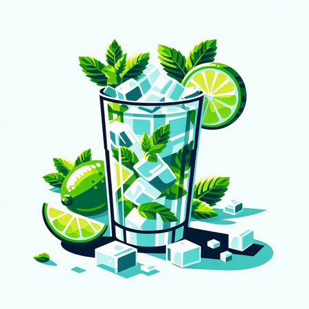 Mojito cocktail with lime, mint and ice cubes. Vector illustration.のイラスト素材