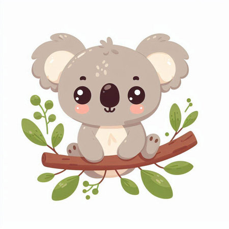 Cute koala on a branch with leaves. Vector illustration.のイラスト素材