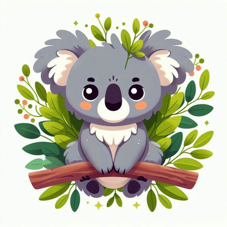 Cute cartoon koala sitting on a branch with green leaves. Vector illustration.のイラスト素材