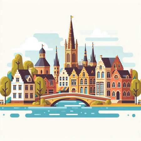 Bruges, Belgium. Vector illustration in flat style. City landscape.のイラスト素材