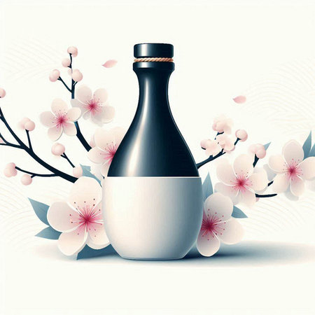 Sake bottle with sakura blossom background. Vector illustration.のイラスト素材