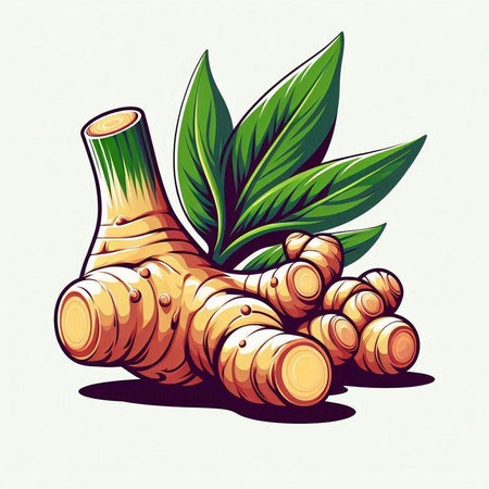 ginger root with leaves isolated on white background, vector illustration.のイラスト素材