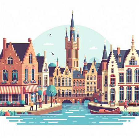 Bruges, Belgium, Europe. Vector illustration in flat style.のイラスト素材