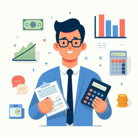 Businessman with calculator and financial charts. Vector illustration in flat styleのイラスト素材