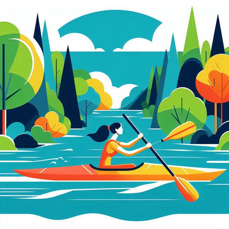 Illustration of a young woman kayaking in the lake. Vector illustrationのイラスト素材