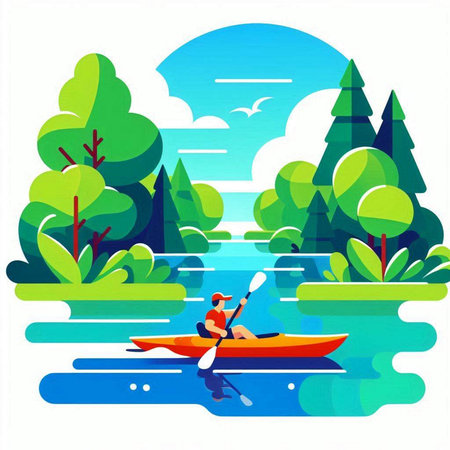 Man kayaking on the river. Vector illustration in flat style.のイラスト素材