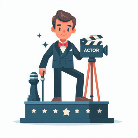 Cinema director with camera on stage. Flat style vector illustration.のイラスト素材