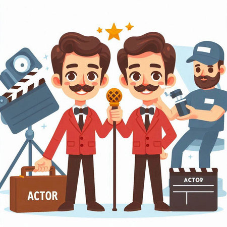 Cartoon cameraman with microphone and cameraman. Vector illustration.のイラスト素材