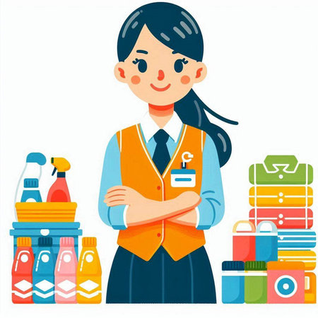 Female worker in uniform with cleaning supplies. Vector illustration in flat styleのイラスト素材
