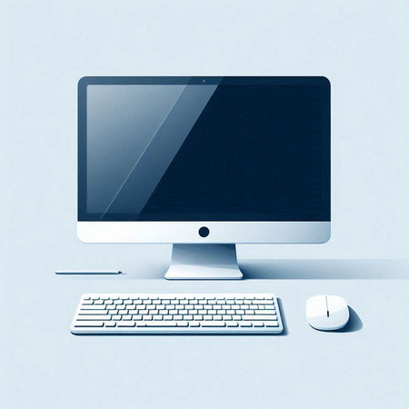 Desktop computer with keyboard and mouse on blue background. 3d renderのイラスト素材