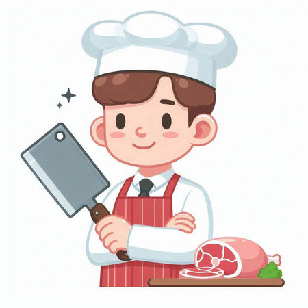 Illustration of a Cute Male Chef Holding a Meat Cleaverのイラスト素材