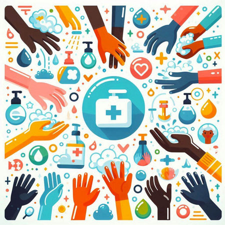 Hand sanitizer and hand hygiene concept. Vector flat design illustration.のイラスト素材