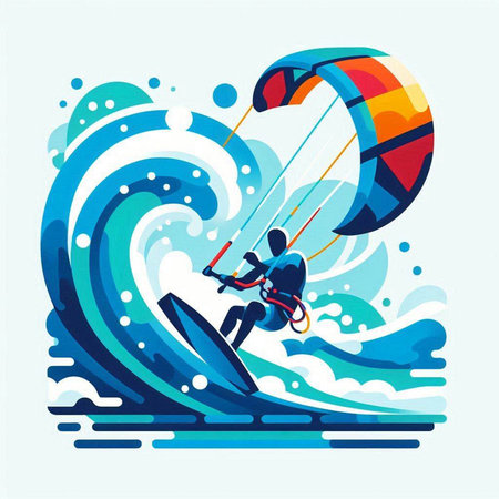 Kitesurfing. Water sport. Vector illustration in flat styleのイラスト素材