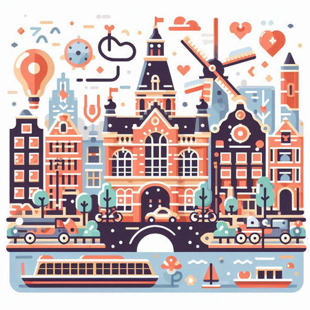Amsterdam cityscape. Colorful vector illustration in flat style.のイラスト素材