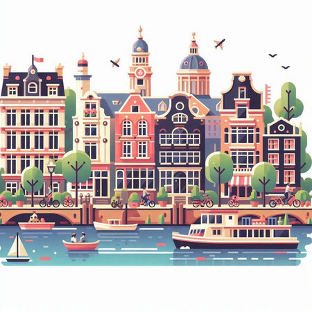 Amsterdam cityscape with boats and houses. Vector illustration in flat styleのイラスト素材