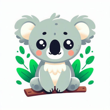 Cute koala sitting on a branch with green leaves. Vector illustration.のイラスト素材