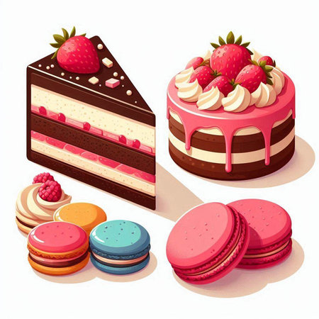 Vector illustration of a set of different cakes and macaroons.のイラスト素材