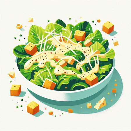 Salad with cheese and greens in a bowl. Vector illustration.のイラスト素材