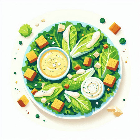 Healthy salad with green lettuce, cheese and hummus. Vector illustration.のイラスト素材