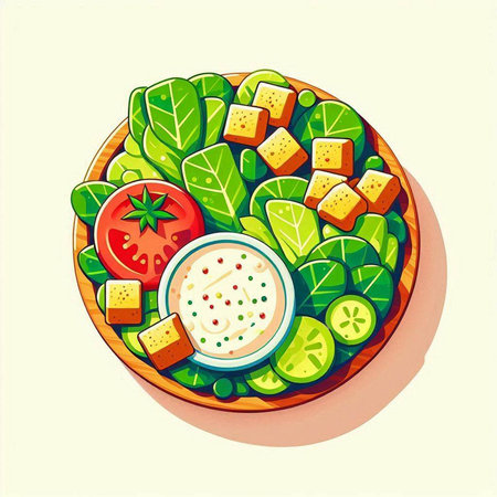 Illustration of a bowl of salad with cheese, tomato and cucumberのイラスト素材