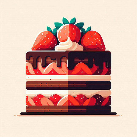 Vector illustration of a chocolate cake with strawberries on a light background.のイラスト素材
