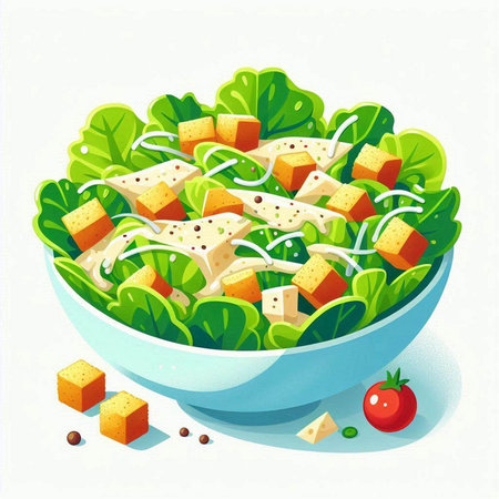 Salad with cheese, lettuce, tomato and greens. Vector illustration.のイラスト素材
