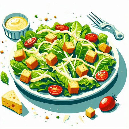 Vector illustration of salad with cheese, tomato, lettuce and croutonsのイラスト素材