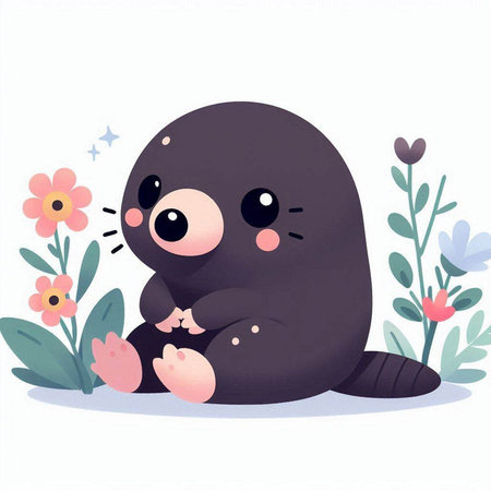 Cute cartoon penguin sitting on the ground among flowers. Vector illustration.のイラスト素材