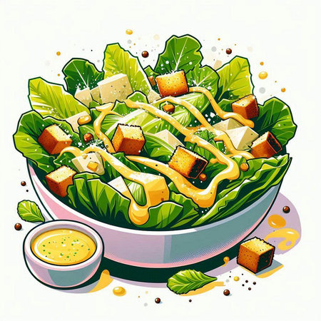 Illustration of a bowl of Caesar salad with lettuce, cheese and sauceのイラスト素材