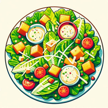 Illustration of salad with cheese, tomatoes, cucumbers and lettuceのイラスト素材